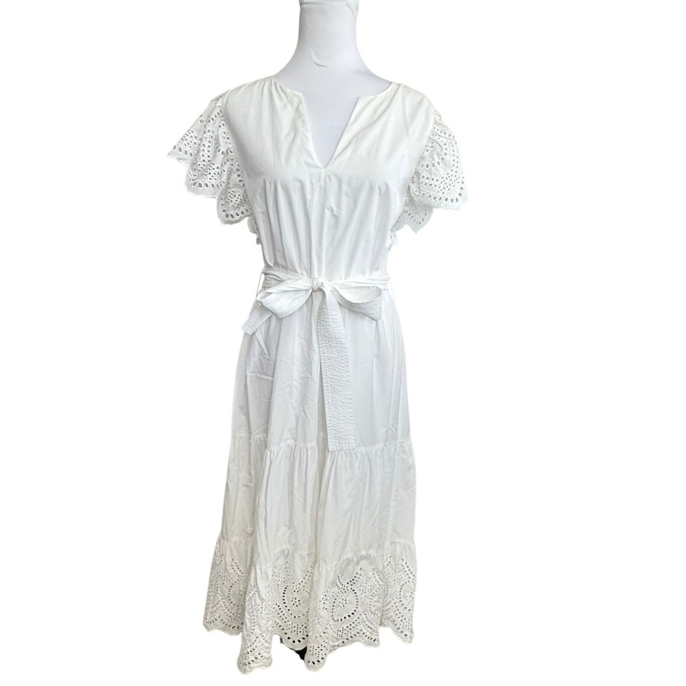 Rails Midi Dress White Eyelet Flutter Sleeve Cotton Garden Party Romantic Sz L